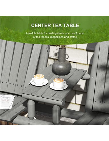 Outsunny Wood Patio Chair Bench 2 Seats w/ Centre Coffee Table, Garden Bench, Grey