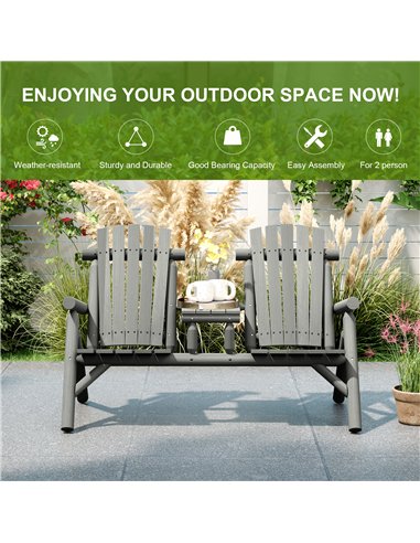 Outsunny Wood Patio Chair Bench 2 Seats w/ Centre Coffee Table, Garden Bench, Grey