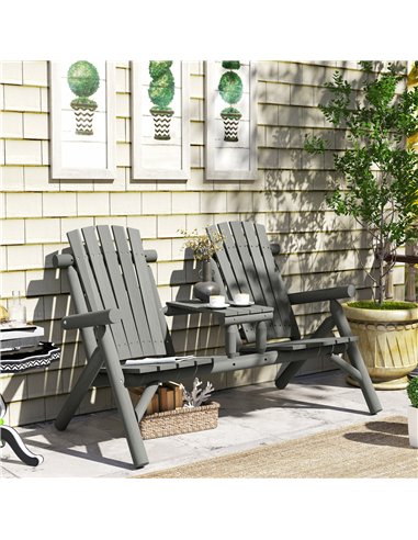 Outsunny Wood Patio Chair Bench 2 Seats w/ Centre Coffee Table, Garden Bench, Grey
