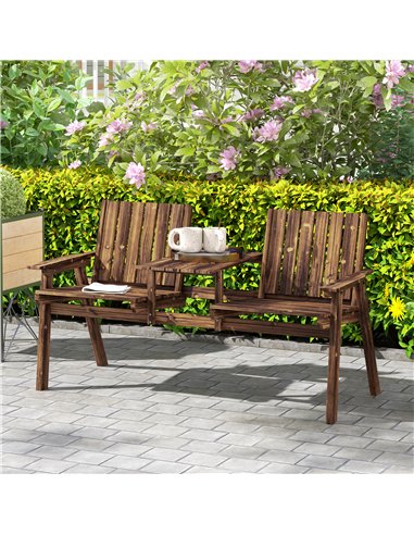 Outsunny 2-Seater Garden Bench with Table & Parasol Hole, Antique Loveseat for Porch, Patio, Carbonised Finish