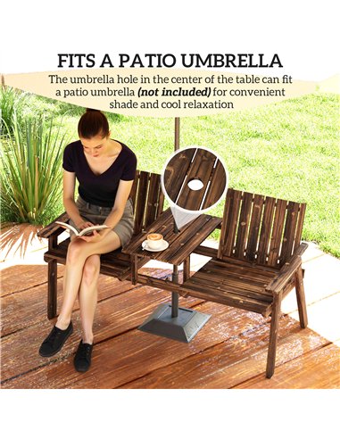 Outsunny 2-Seater Garden Bench with Table & Parasol Hole, Antique Loveseat for Porch, Patio, Carbonised Finish