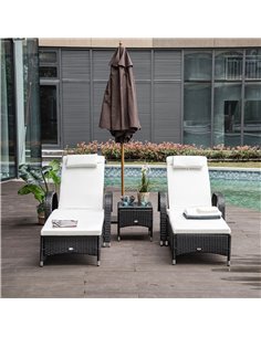 Outsunny Set of Two Rattan Sun Loungers with Side Table, Black 2