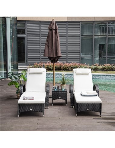 Outsunny Set of Two Rattan Sun Loungers with Side Table, Black