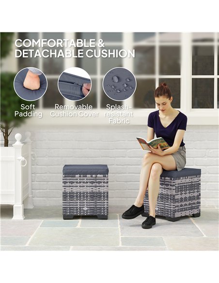 Outsunny Set of 2 Rattan Storage Ottoman, Outdoor Footstool with Removable Cushions, Garden Storage Seat for Balcony, Poolside,  - pic 153533 | FastDaddyshop