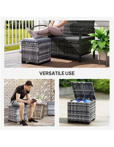 Outsunny Set of 2 Rattan Storage Ottoman, Outdoor Footstool with Removable Cushions, Garden Storage Seat for Balcony, Poolside, 