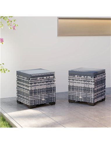 Outsunny Set of 2 Rattan Storage Ottoman, Outdoor Footstool with Removable Cushions, Garden Storage Seat for Balcony, Poolside, 