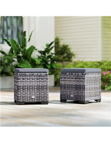 Outsunny Set of 2 Rattan Storage Ottoman, Outdoor Footstool with Removable Cushions, Garden Storage Seat for Balcony, Poolside, 