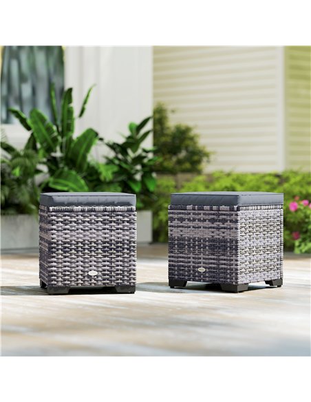 Outsunny Set of 2 Rattan Storage Ottoman, Outdoor Footstool with Removable Cushions, Garden Storage Seat for Balcony, Poolside,  - pic 153537 | FastDaddyshop