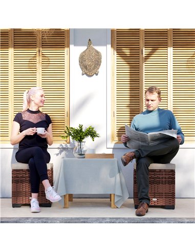 Outsunny Set of 2 Rattan Storage Ottoman, Outdoor Footstool with Removable Cushions, Garden Storage Seat for Balcony, Poolside, 
