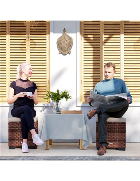 Outsunny Set of 2 Rattan Storage Ottoman, Outdoor Footstool with Removable Cushions, Garden Storage Seat for Balcony, Poolside,  - pic 153539 | FastDaddyshop