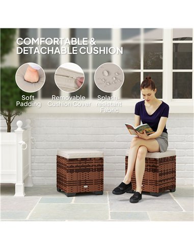 Outsunny Set of 2 Rattan Storage Ottoman, Outdoor Footstool with Removable Cushions, Garden Storage Seat for Balcony, Poolside, 