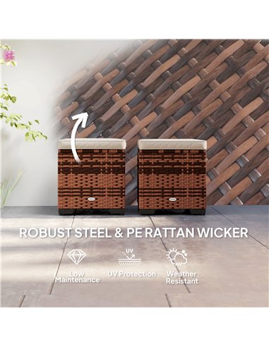 Outsunny Set of 2 Rattan Storage Ottoman, Outdoor Footstool with Removable Cushions, Garden Storage Seat for Balcony, Poolside, 