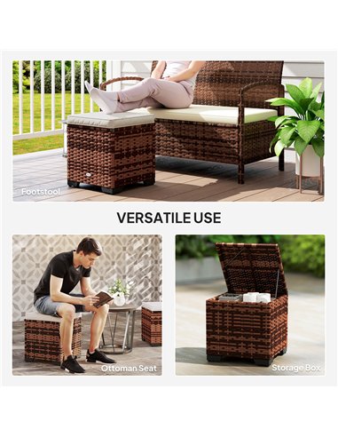 Outsunny Set of 2 Rattan Storage Ottoman, Outdoor Footstool with Removable Cushions, Garden Storage Seat for Balcony, Poolside, 