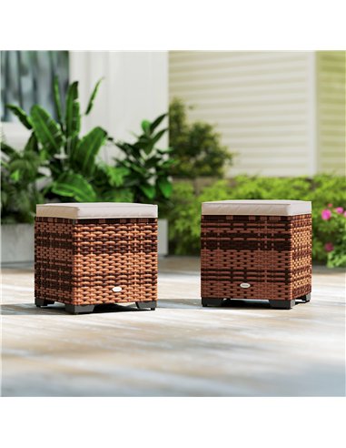 Outsunny Set of 2 Rattan Storage Ottoman, Outdoor Footstool with Removable Cushions, Garden Storage Seat for Balcony, Poolside, 