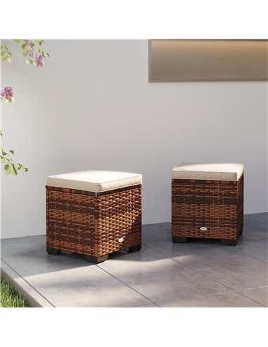 Outsunny Set of 2 Rattan Storage Ottoman, Outdoor Footstool with Removable Cushions, Garden Storage Seat for Balcony, Poolside, 