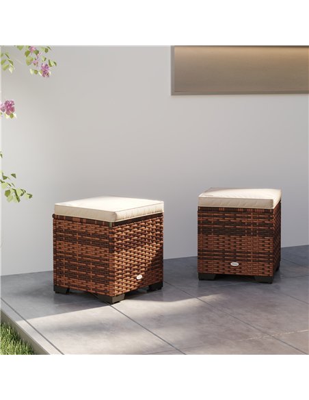 Outsunny Set of 2 Rattan Storage Ottoman, Outdoor Footstool with Removable Cushions, Garden Storage Seat for Balcony, Poolside,  - pic 153546 | FastDaddyshop