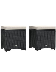 Outsunny Set of 2 Rattan Storage Ottoman, Outdoor Footstool with Removable Cushions, Garden Storage Seat for Balcony, Poolside, 