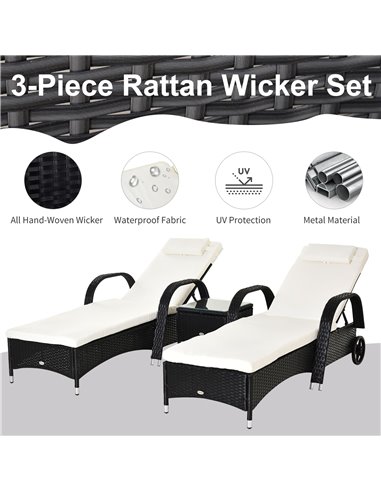 Outsunny Set of Two Rattan Sun Loungers with Side Table, Black