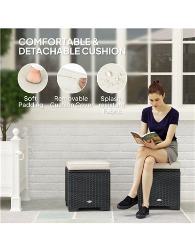 Outsunny Set of 2 Rattan Storage Ottoman, Outdoor Footstool with Removable Cushions, Garden Storage Seat for Balcony, Poolside, 