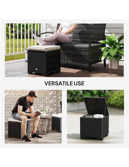 Outsunny Set of 2 Rattan Storage Ottoman, Outdoor Footstool with Removable Cushions, Garden Storage Seat for Balcony, Poolside,  - pic 153553 | FastDaddyshop