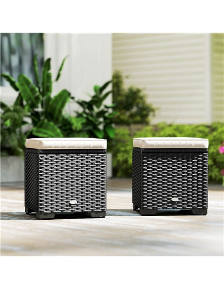 Outsunny Set of 2 Rattan Storage Ottoman, Outdoor Footstool with Removable Cushions, Garden Storage Seat for Balcony, Poolside,  - pic 153554 | FastDaddyshop