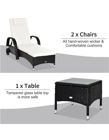 Outsunny Set of Two Rattan Sun Loungers with Side Table, Black