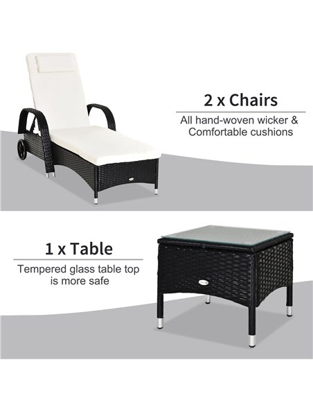 Outsunny Set of Two Rattan Sun Loungers with Side Table, Black - pic 15356 | FastDaddyshop