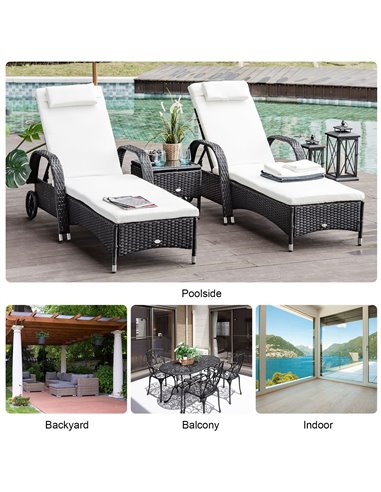 Outsunny Set of Two Rattan Sun Loungers with Side Table, Black