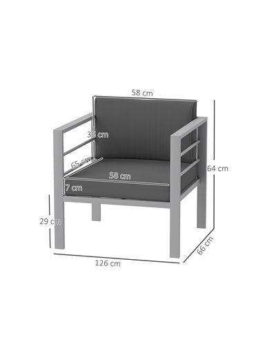 Outsunny Garden Sofa, All-Weather Garden Single Sofa with Removable Cushions, Metal Frame Outdoor Furniture for Balcony, Charcoa