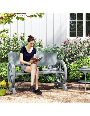 Outsunny Fir Wood 2-Seater Outdoor Garden Wagon Wheel Bench, Grey