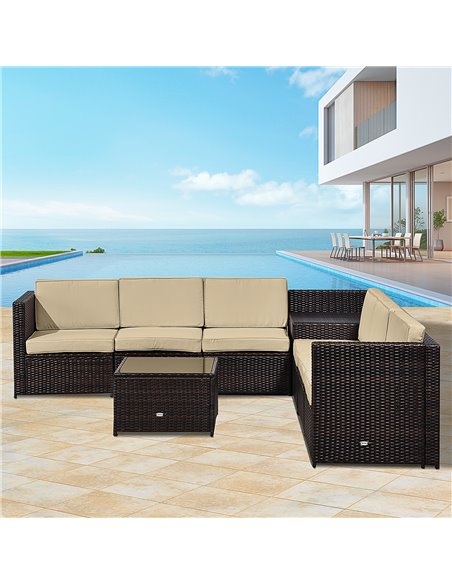 Outsunny 6-Seater Rattan Sofa Furniture Set with Cushions, Steel Frame, Brown - pic 15361 | FastDaddyshop