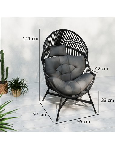 Outsunny Standing Rattan Egg Chair Outdoor, Oversized Wicker Garden Egg Chair with Thick Tufted Cushion, Headrest, Steel Frame, 