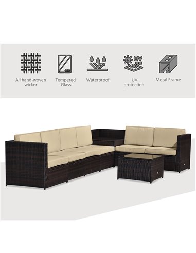 Outsunny 6-Seater Rattan Sofa Furniture Set with Cushions, Steel Frame, Brown