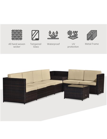 Outsunny 6-Seater Rattan Sofa Furniture Set with Cushions, Steel Frame, Brown - pic 15363 | FastDaddyshop