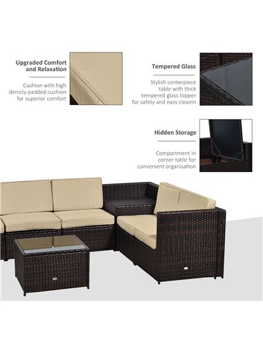 Outsunny 6-Seater Rattan Sofa Furniture Set with Cushions, Steel Frame, Brown