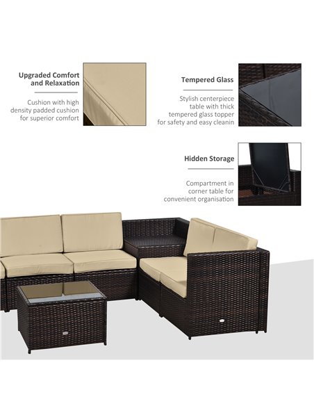Outsunny 6-Seater Rattan Sofa Furniture Set with Cushions, Steel Frame, Brown - pic 15364 | FastDaddyshop