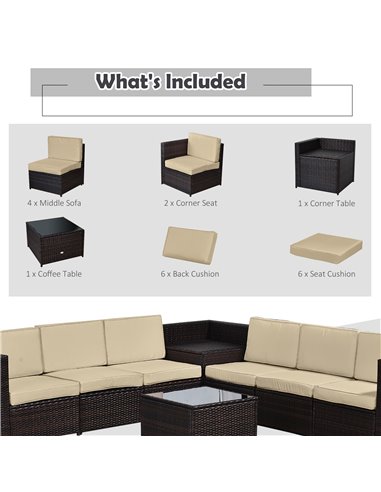 Outsunny 6-Seater Rattan Sofa Furniture Set with Cushions, Steel Frame, Brown