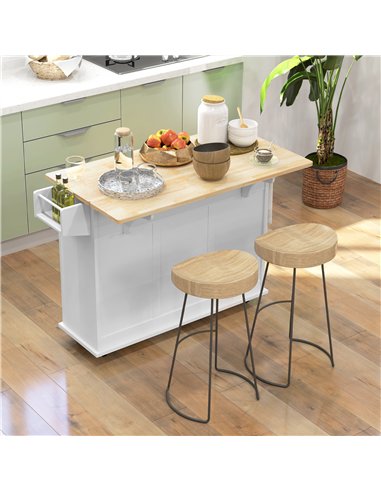 HOMCOM Kitchen Island with Drop Leaf, Rolling Kitchen Storage Trolley on Wheels with 3 Drawers, Spice Rack and Towel Rack, Stora