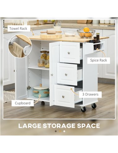HOMCOM Kitchen Island with Drop Leaf, Rolling Kitchen Storage Trolley on Wheels with 3 Drawers, Spice Rack and Towel Rack, Stora