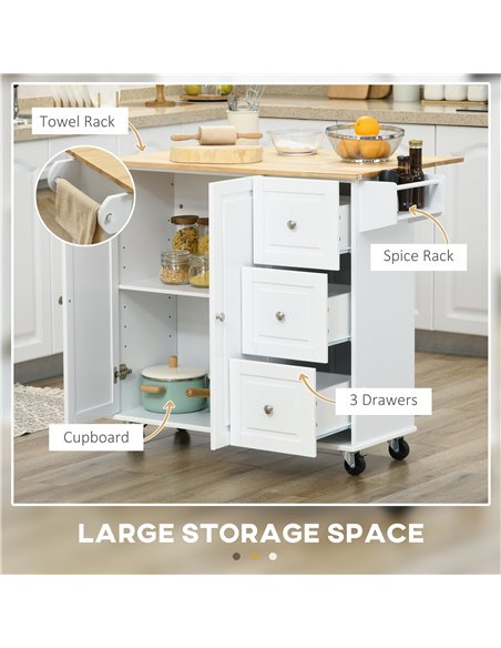 HOMCOM Kitchen Island with Drop Leaf, Rolling Kitchen Storage Trolley on Wheels with 3 Drawers, Spice Rack and Towel Rack, Stora - pic 153658 | FastDaddyshop