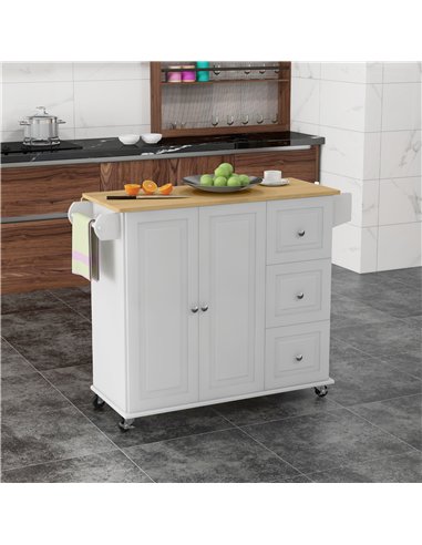 HOMCOM Kitchen Island with Drop Leaf, Rolling Kitchen Storage Trolley on Wheels with 3 Drawers, Spice Rack and Towel Rack, Stora