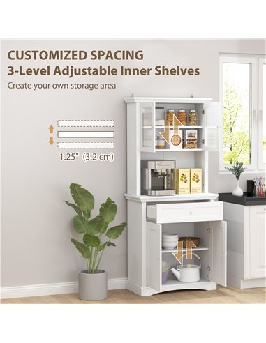 HOMCOM 4-Door Kitchen Cupboard with Drawer, Freestanding Kitchen Cabinet with Glass Doors, Adjustable Shelves and Open Counter, 