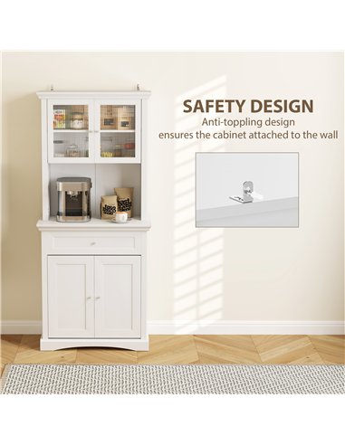 HOMCOM 4-Door Kitchen Cupboard with Drawer, Freestanding Kitchen Cabinet with Glass Doors, Adjustable Shelves and Open Counter, 