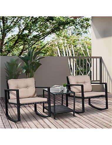 Outsunny 3 Pieces PE Rattan Garden Rocking Chair Set with Cushion, Two-tier Coffee Table, Black