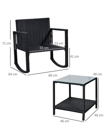 Outsunny 3 Pieces PE Rattan Garden Rocking Chair Set with Cushion, Two-tier Coffee Table, Black