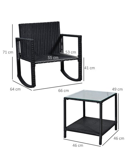 Outsunny 3 Pieces PE Rattan Garden Rocking Chair Set with Cushion, Two-tier Coffee Table, Black - pic 15370 | FastDaddyshop