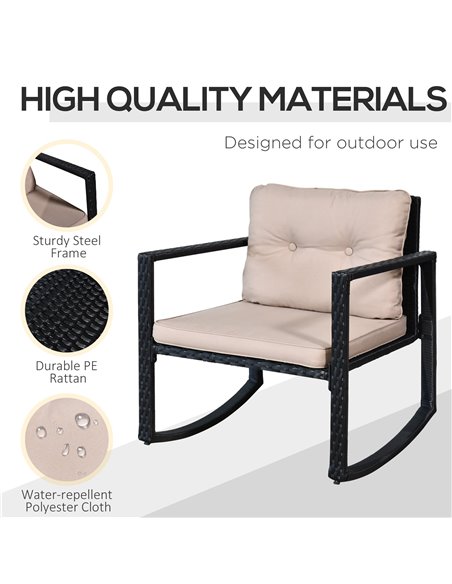Outsunny 3 Pieces PE Rattan Garden Rocking Chair Set with Cushion, Two-tier Coffee Table, Black - pic 15372 | FastDaddyshop