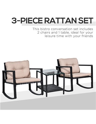 Outsunny 3 Pieces PE Rattan Garden Rocking Chair Set with Cushion, Two-tier Coffee Table, Black
