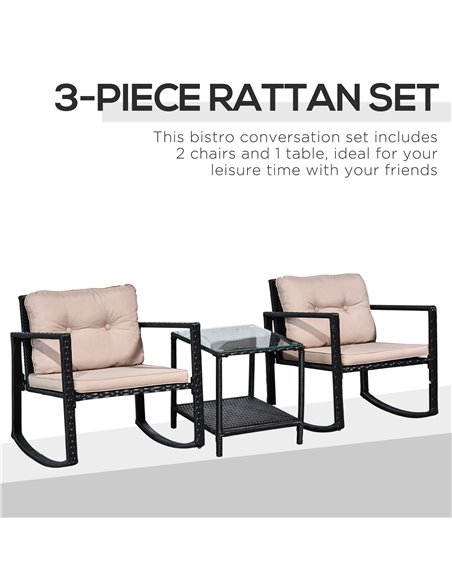 Outsunny 3 Pieces PE Rattan Garden Rocking Chair Set with Cushion, Two-tier Coffee Table, Black - pic 15373 | FastDaddyshop