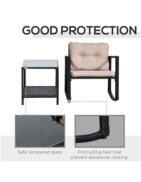 Outsunny 3 Pieces PE Rattan Garden Rocking Chair Set with Cushion, Two-tier Coffee Table, Black - pic 15374 | FastDaddyshop
